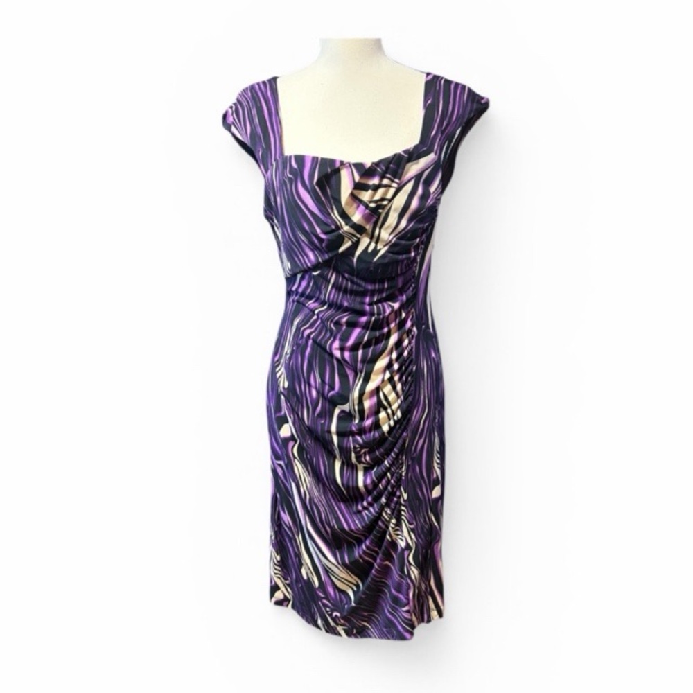 Bisou Bisou Purple Abstract Ruched Sheath Dress